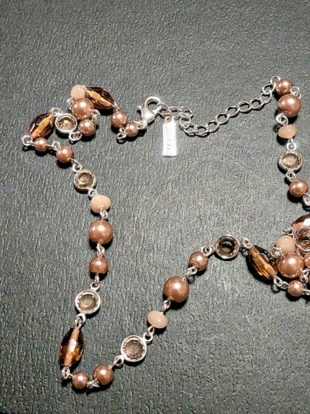 Vtg NAPIER Beaded Necklace Peach Faux Pearl Amber Crystal Silver Tone Signed - Picture 2 of 8